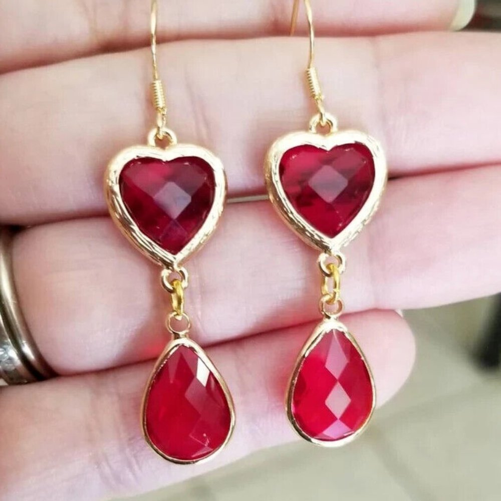 14k Gold Ruby Earrings Teardrop Heart Simulated Ruby Dangle Earrings Statement
